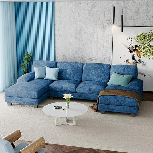 Furniwell Convertible Sectional Sofa Couch, 4 Seat Sofa Set for Living Room U-Shaped Modern Fabric Modular Sofa Sleeper with Double Chaise & Memory Foam (Fabric, Blue)
