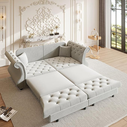 83.8" Oversized Pull Out Sofa Bed, Chesterfield Velvet Sleeper Sofa Couch with Roll Arm & Flower Tufting, Heavy Duty Metal Frame Convertible Sofa for Living Room, Apartment, Guest Room, Light Grey