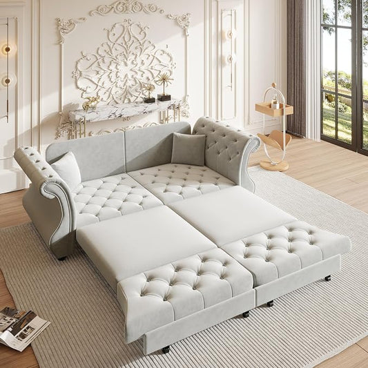 83.8" Oversized Pull Out Sofa Bed, Chesterfield Velvet Sleeper Sofa Couch with Roll Arm & Flower Tufting, Heavy Duty Metal Frame Convertible Sofa for Living Room, Apartment, Guest Room, Light Grey