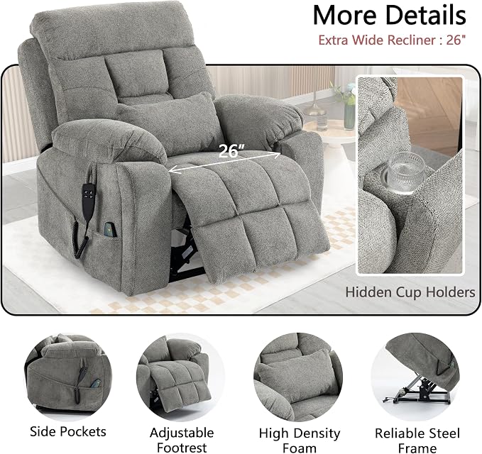 JIKFRIMA Dual Motor Power Lift Recliner Chair with Massage Heating for Adults Elderly, Electric Lift Chairs Lay Flat Recliners, Infinite Position, 2 Hidden Cup Holders