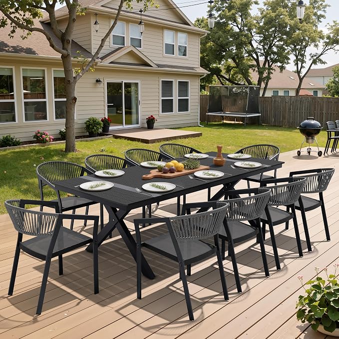 Pellebant Aluminum 11-Piece Outdoor Dining Table Set for 8-10 Person | Patio Stackable Chair with U-Shaped Wicker Backrest, 94" Table with Wood-Grain Top & Umbrella Hole, Aluminum Frame Furniture