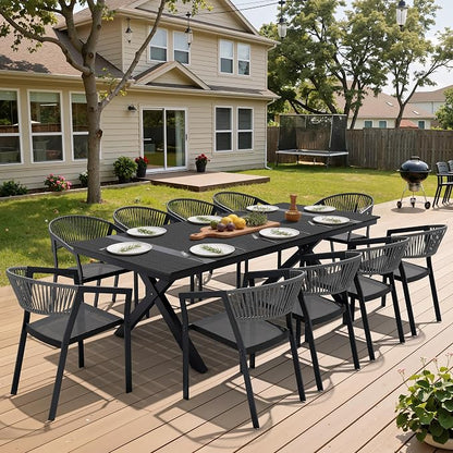 Pellebant Aluminum 11-Piece Outdoor Dining Table Set for 8-10 Person | Patio Stackable Chair with U-Shaped Wicker Backrest, 94" Table with Wood-Grain Top & Umbrella Hole, Aluminum Frame Furniture