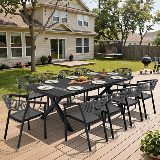 Pellebant Aluminum 11-Piece Outdoor Dining Table Set for 8-10 Person | Patio Stackable Chair with U-Shaped Wicker Backrest, 94" Table with Wood-Grain Top & Umbrella Hole, Aluminum Frame Furniture