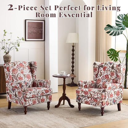 EROMMY Floral Accent Chair, Comfortable High Back Upholstered Armchair with Solid Wood Legs, Leisure Single Sofa Chair for Living Room, Bedroom, Home Office, Red Floral