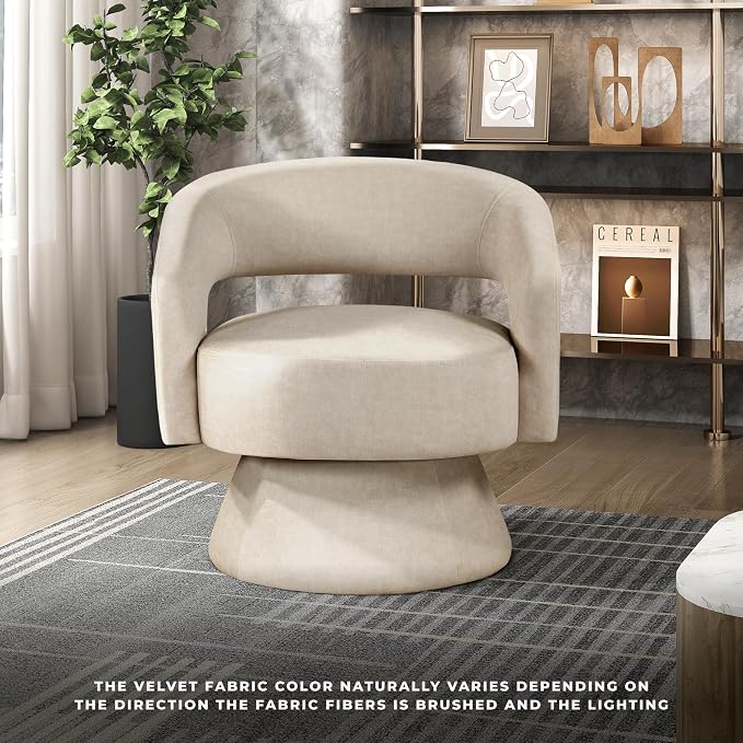 Lexicon 360 Degree Swivel Accent Chair, Modern Comfy Velvet Round Barrel Chair, Open Back, Plush Foam Cushions, Metal Swivel Base for Living Room/Bedroom/Office/Small Spaces, Taupe