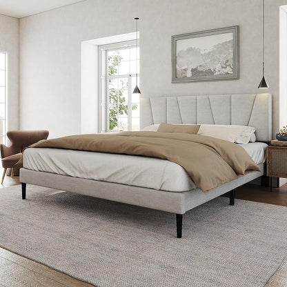 HAOARA Queen Size Bed Frame with Fabric Upholstered Headboard, Platform Bed with Wooden Slats Support, Fully Mattress Foundation, Box Spring Optional, Easy Assembly, Light Grey