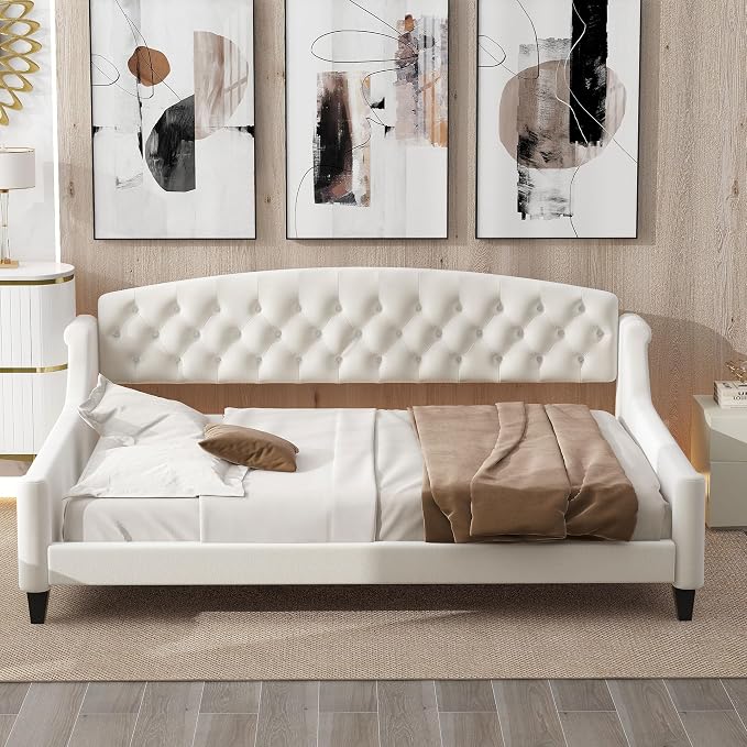 Ball & Cast Full Size Daybed, Velvet Upholstered Day Bed Frame with Button Tufted Backrest,Modern Sofa Bed for Living Room, Bedroom,Guest Room,No Box Spring Needed,Beige