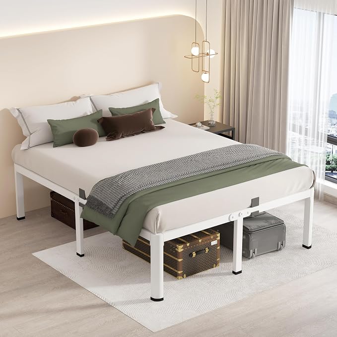 MAF 16 Inch Queen Size Bed Frame White with Round Corner Legs Mattress Slide Stopper No Box Spring Needed Heavy Duty Metal Platform Bed Frames Under-Bed Storage Space, 3000 LBS Steel Slats Support