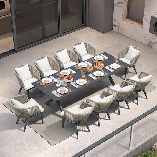 PURPLE LEAF 11 Pieces Patio Dining Set Wicker Outdoor Furniture Rectangular Table and Chairs Set for Garden Deck Aluminum Frame Backyard Kitchen Set, Cushions and Pillows Included Taupe