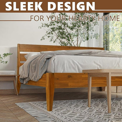 Acacia Emery Bed Frame with Headboard Solid Wood Platform Bed, Queen Size Bed Frame, Mid - Century Modern Wood Bed Compatible with All Mattresses, Easy Assembly, Non-Slip, Caramel.