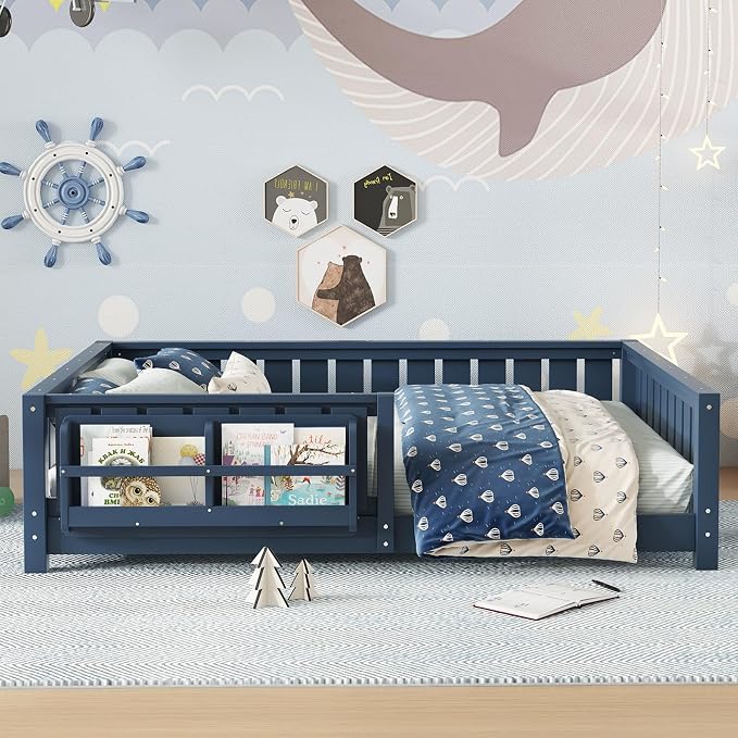 Bellemave Full Size Floor Bed with Slats and Guardrails, Full Size Montessori Floor Bed with Bookcase and Fence, Low Profile Montessori Beds for Kids, Blue Floor Beds Frame
