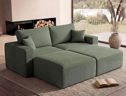 Modular Sectional Sofa Bed with Ottoman, 79" Memory Foam Cloud Couch, Boneless Loveseat Corduroy Upholstered Floor Couch, No Assembly Required Living Room Furniture for Apartment Bedroom, Green
