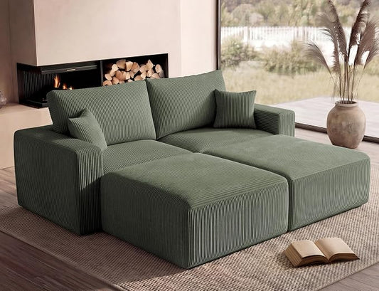 Modular Sectional Sofa Bed with Ottoman, 79" Memory Foam Cloud Couch, Boneless Loveseat Corduroy Upholstered Floor Couch, No Assembly Required Living Room Furniture for Apartment Bedroom, Green