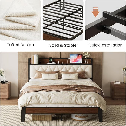 ANCTOR Queen Bed Frame with Storage Headboard & Charging Station, Metal Platform Queen Bed, Upholstered Tufted Headboard, Heavy Duty Slat Support, Noise Free, No Box Spring Needed, Walnut and Cream