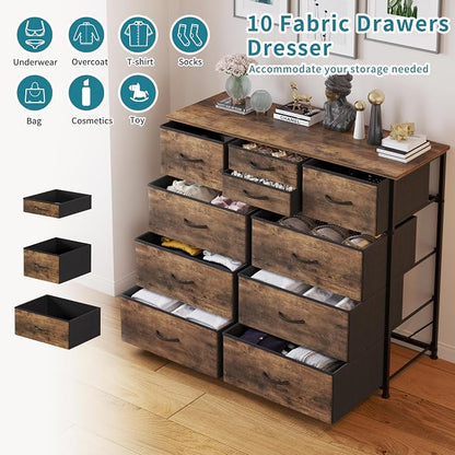 LUMTOK 10-Drawer Dresser, Fabric Storage Tower with Drawers for Bedroom, Dresser Drawer with Handle for Bedroom, Living Room, Hallway, Closets & Nurseryteel Frame, Wood Top (10 Drawer/Rustic Brown)