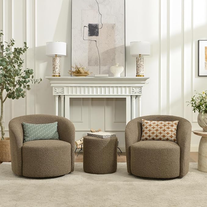 KINWELL 34" Boucle Swivel Barrel Chair with 18" Round Ottoman Set, Fully Assembled Set of Sherpa Accent Chair and Footrest, Modern Comfy Armchair and Footstool for Living Room and Bedroom, Teddy Brown