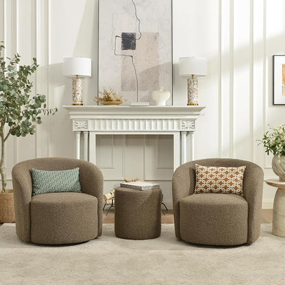 KINWELL 34" Boucle Swivel Barrel Chair with 18" Round Ottoman Set, Fully Assembled Set of Sherpa Accent Chair and Footrest, Modern Comfy Armchair and Footstool for Living Room and Bedroom, Teddy Brown