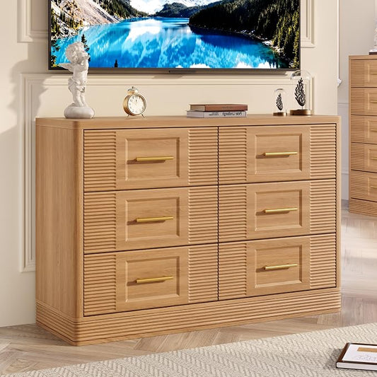 RECHHX Farmhouse 6 Drawers Dresser for Bedroom, 47.2" Wide Large Modern Chest of Drawers, Wooden Thermoformed Curved Dresser Organizer for Bedroom, Living Room, Natural Oak