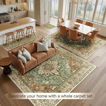 RELEANY Area Rugs 6'x9' Washable Non-Slip, Floral Vintage Distress Medallion Carpet for Living Room Bedroom Dining Room, Terracotta Burnt Orange Green