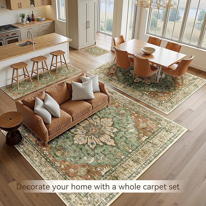 RELEANY Area Rugs Large 9'x12' Washable Non-Slip, Floral Vintage Distress Medallion Carpet for Living Room Bedroom Dining Room, Terracotta Burnt Orange Green