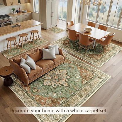 RELEANY Area Rugs Large 9'x12' Washable Non-Slip, Floral Vintage Distress Medallion Carpet for Living Room Bedroom Dining Room, Terracotta Burnt Orange Green