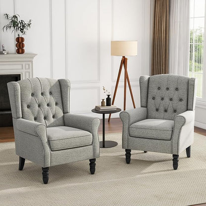 High Back Accent Chair, Fabric Upholstered Armchair Retro Wingback Arm Chair for Living Room, Comfy Single Sofa Bedroom Reading Seat with Solid Wood Legs - Light Gray