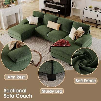 Furmax Sectional Couches for Living Room, U-Shaped Sofa Couch with Linen Fabric, 4 Seat Sofa Set with Double Chaise for Apartment (Chenille, Green)