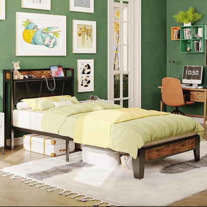 LIKIMIO Twin XL Bed Frames, Storage Headboard with Charging Station, Solid and Stable, Noise Free, No Box Spring Needed, Easy Assembly (Vintage and Black)