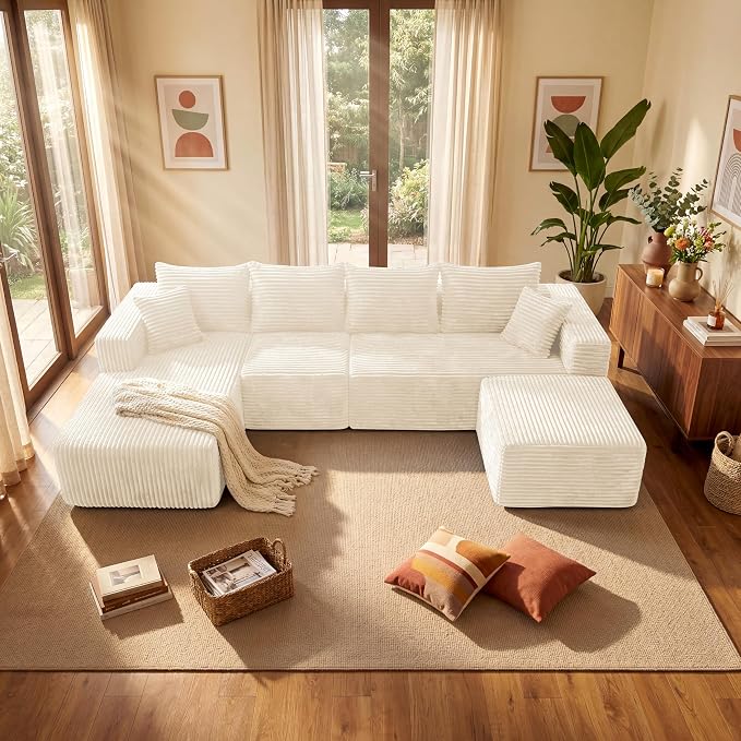 Couches Sofa, Boneless Compressed Sofa in a Box, U-Shaped Cloud Couch with Deep Seats & Chaise for Living Room, No Assembly Required (Beige, 118" U-Shape with Left Facing Chiase)