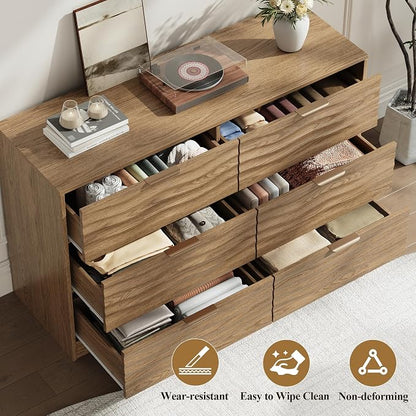 MALOL Coastline Fluted 6 Drawers Dresser for Bedroom, 48" Wide Modern Chest of TV Stand Organizers with Metal Handle, Storage Wooden Dresser Drawer for Living Room, Hallway, Closet, Walnut Wood