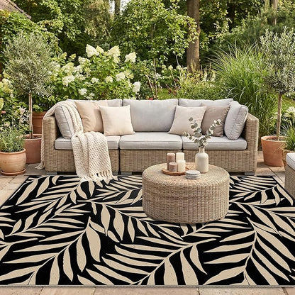 Smiry Outdoor Rug 9x12 ft, Waterproof Reversible Plastic Straw Rugs, Outdoor Area Rug with Leaf Pattern, Outside Floor Mat for Patio, Backyard, Deck, Picnic, Beach, Camping, Black & Beige