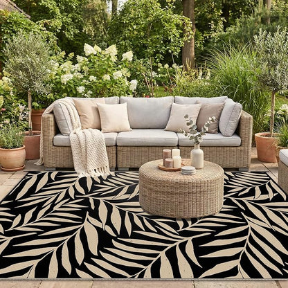 Smiry Outdoor Rug 8x10 ft, Waterproof Reversible Plastic Straw Rugs, Outdoor Area Rug with Leaf Pattern, Outside Floor Mat for Patio, Backyard, Deck, Picnic, Beach, Camping, Black & Beige