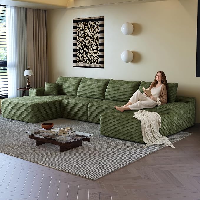 AUGOP 136" Sectional Couches for Living Room Modern Modular Sofa with L-Shape Couchs Upholstered Boneless Couch Deep Seat Sectional Couch with Chaise (Green, Left Facing Chaise+3Seaters+Ottoman)