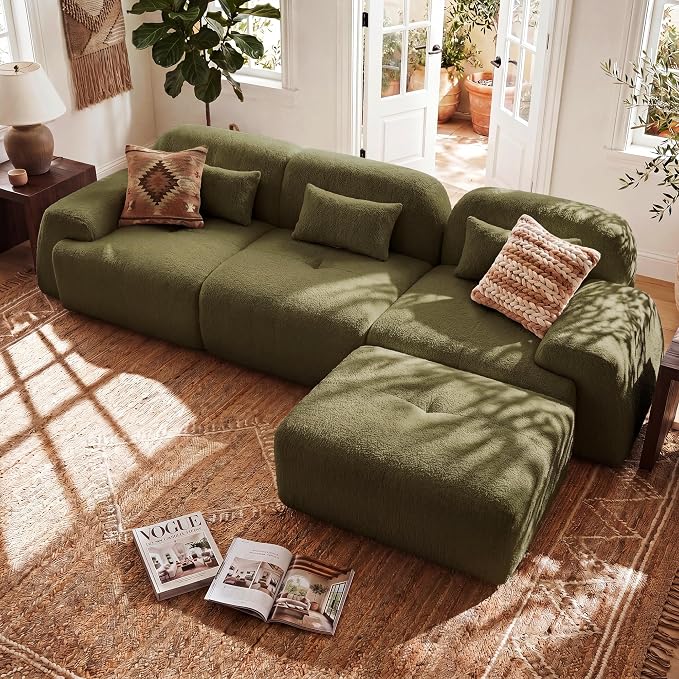 118'' Modular Sectional Cloud Couch Boneless Couches, Oversize Curved Sectional Couches for Living Room, Deep Seat Couch Lambswool Sofa with Ottoman & Throw Pillows, No Assembly, HR Foam