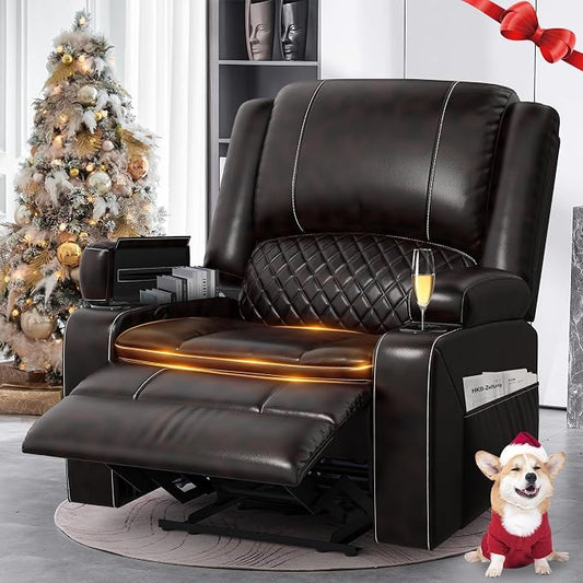 Yolsali Recliner Chairs for Adults, Oversize Manual Reclining Chair with 2-Tier Cushions, Faux Leather Recliner Chair with Hidden Storage Space, Living Room Recliner Chairs with Cup Holders - Brown