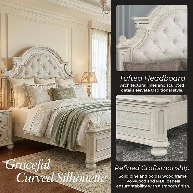 Roundhill Furniture Nelson French Traditional 5-Piece Bedroom Set, Antique White, Queen