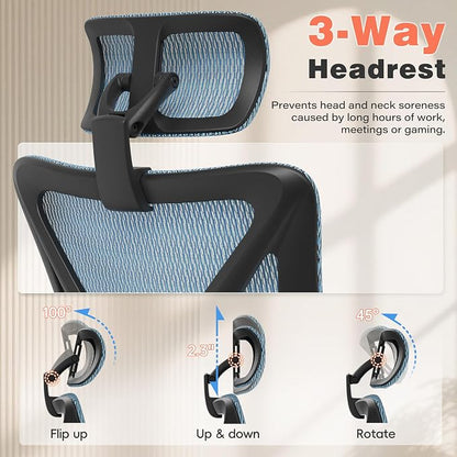 GABRYLLY Ergonomic Office Chair - 135° Reclining Desk Chair with Adjustable Lumbar Support, 3D Armrest, Large Headrest & Heavy Duty Steel Base, 300LBS Mesh Task Chair, Navy Blue