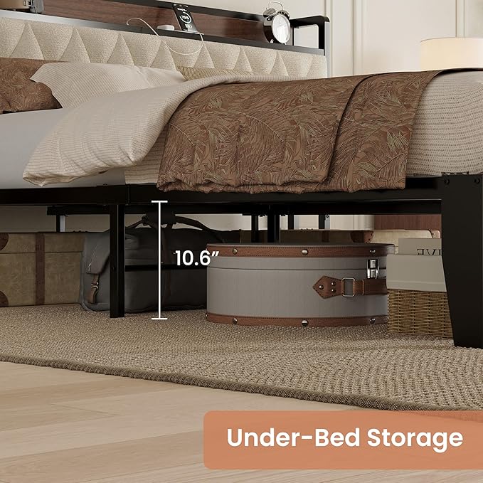 ANCTOR King Bed Frame, Storage Headboard with Charging Station, Platform Bed Frame with Strong Metal Support, Sturdy and Stable, Noise Free, No Box Spring Needed, Easy Assembly, Walnut