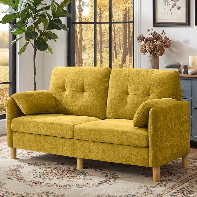65" Loveseat Sofa, Mid Century Loveseat Couch for Living Room with Storage Pockets, Upholstered Small Loveseat for Small Spaces, Bedroom, Home Office, Apartments, Small Sofa Chenille Yellow