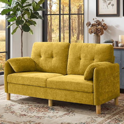 65" Loveseat Sofa, Mid Century Loveseat Couch for Living Room with Storage Pockets, Upholstered Small Loveseat for Small Spaces, Bedroom, Home Office, Apartments, Small Sofa Chenille Yellow