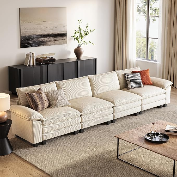 LINSY HOME 157'' Modular Sectional Sofa 4 Seat Couch Corduroy Cloud Couch with Deep Seat, Modern Cloud Couch for Living Room, Office, Bedroom, Beige