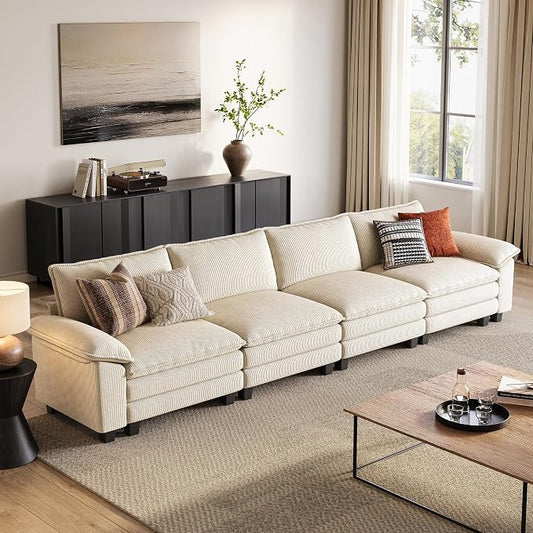 LINSY HOME 157'' Modular Sectional Sofa 4 Seat Couch Corduroy Cloud Couch with Deep Seat, Modern Cloud Couch for Living Room, Office, Bedroom, Beige