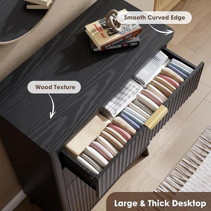 GarveeHome Fluted Dresser for Bedroom with 5 Deep Drawers, 47.2 in Tall Chest of Drawers, Curved Profile Design, Modern Wooden Dresser, for Living Room, Kids Room, Hallway, Black