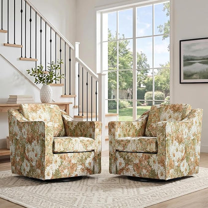 Swivel Accent Chair, Modern Round Barrel Arm Chair for Living Room, Bedroom, Comfy Club Reading Chairs for Adults (Sand Blooms, Set of 2)