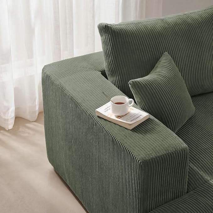 Living&Giving 115" Modular Cloud Boneless Couch, U Shaped Sectional Sofa with Chaise, Corduroy Floor Couch for Living Room, High-Density Foam & Firm Lumbar Support for Apartment,Green