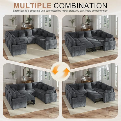 Hanherry Sectional Sofa with Pull Out Couch Bed,8 Seat Corduroy Sleeper Sofa with 2 Seat Storage & USB Charging,Comfy Modular Couches for Living Room,Apartment