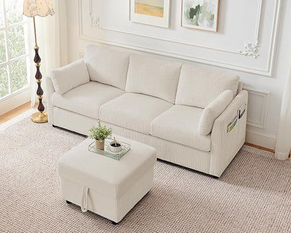 Corduroy Storage Ottoman for Living Room Sofas Couches, Square Ottoman with Storage Space Foot Rest Stool for Apartment, Dorm, Entryway, Cream White