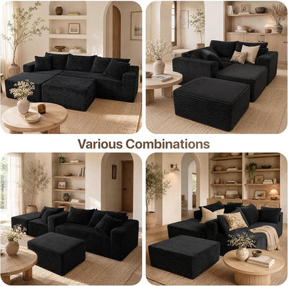 Claiks 94" Boneless Couch, Cloud Couch Sectional, U-Shape Corduroy Modular Sectional Sofa Deep Seat, Upholstered Couches for Living Room, No Assembly Required, Black