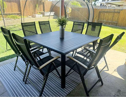 Pellebant 9 Pieces Aluminum Patio Table and Chairs Set - 57" Square Table and Foldable Chairs Outdoor Dining Set with Umbrella Hole, Weather Resistant Sturdy Frame for Deck, Porch & Backyard