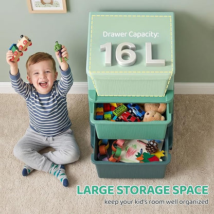 Qaba 3 Drawers Kids Storage Unit, 3 Tier Stackable Toy Organizers and Storage Chest for Bedroom, Nursery, Playroom, Living Room, Boys, Girls, Toddlers, Green